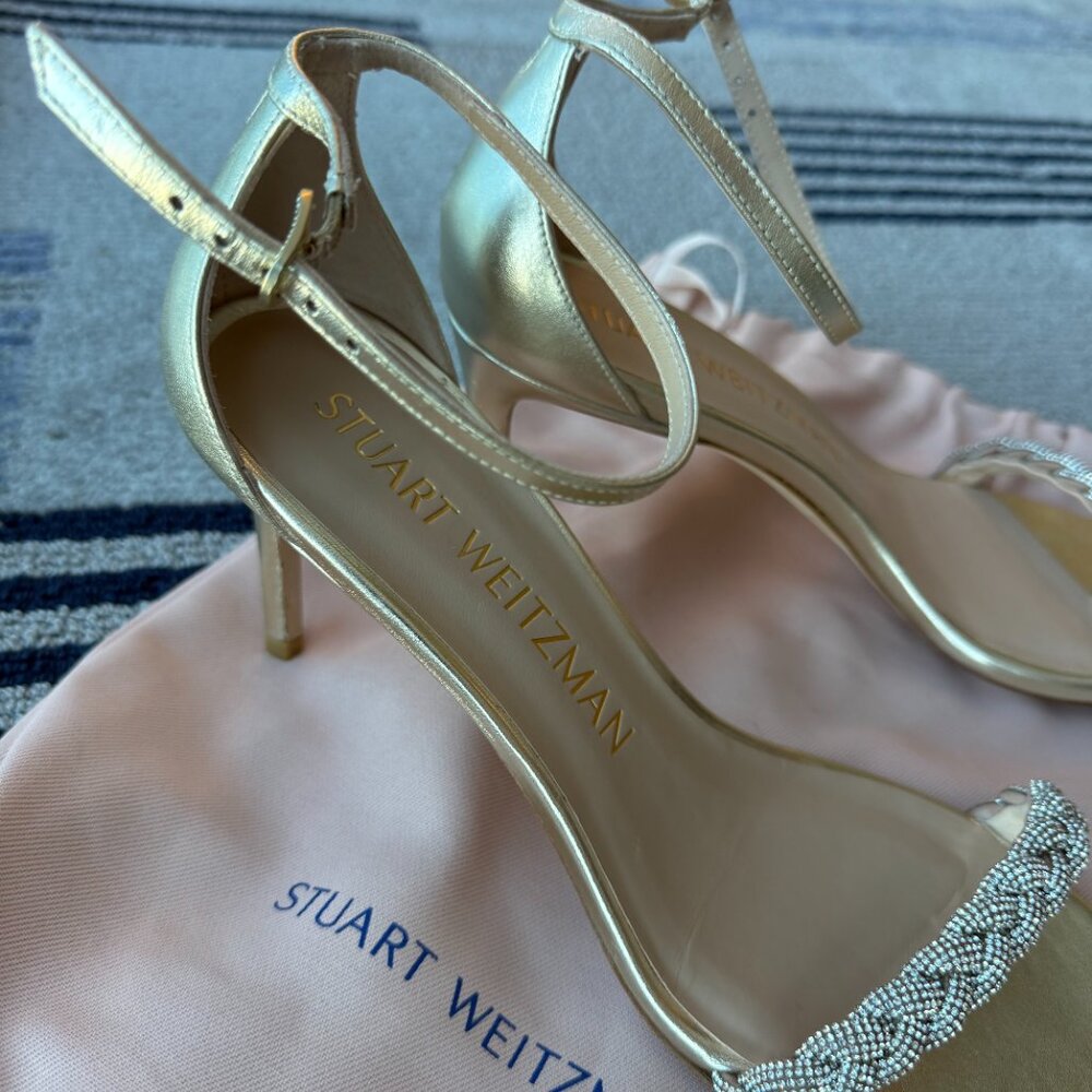 Stuart Weitzman Metallic Gold Braided Strap Ankle Strap Sandals - Picture 5 of 7